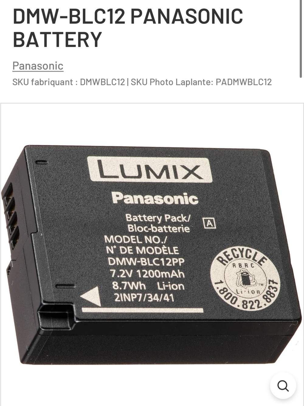Panasonic DMW-BLC12 Camera Battery — Black